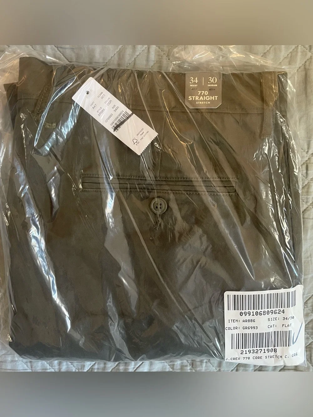 J. Crew 770M Straight-fit stretch chino pant in Catskill Green 34 NWD $98 AR886